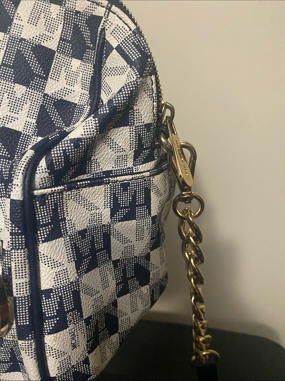 Michael Kors Navy and White Checker Satchel with Gold Accents - Picture 3 of 6